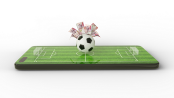 3d Renderização do futebol campo em Móvel telefone tela. ganês cedi notas atrás futebol em telefone tela. futebol arremesso em Smartphone tela isolado em transparente fundo. aposta e ganhar conceito png