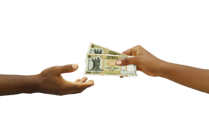 Hand giving 3D rendered Moldovan leu notes to another hand. Hand receiving money png