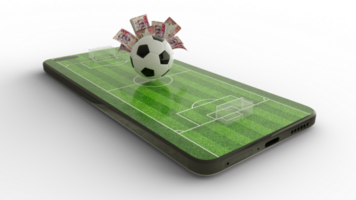3d rendering of soccer field on mobile phone screen. Ghanaian cedi notes behind Football on phone screen. Soccer pitch on smartphone screen isolated on transparent background. bet and win concept png