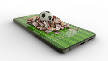 3d rendering of soccer field on mobile phone screen. Ghanaian cedi notes with Football on phone screen. Soccer pitch on smartphone screen isolated on transparent background. bet and win concept png