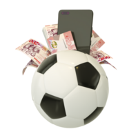 Representación 3d de billetes de cedi ghanés detrás de un balón de fútbol. apuestas deportivas, concepto de apuestas de fútbol aislado sobre fondo transparente png
