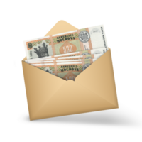 Moldovan leu notes inside an open brown envelope. 3D illustration of money in an open envelope png