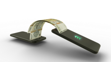 3D rendering of Moldovan leu notes transferring from one phone to another. mobile money transaction concept. money coming out of mobile phone png
