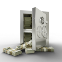 Bundles of 200 Polish zloty in Steel safe box. 3D rendering of stacks of money inside metallic vault isolated on transparent background, Financial protection concept, financial safety. png