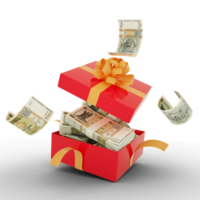 Moldovan leu notes inside an open red gift box. Moldovan leu inside and flying around a gift box. 3d rendering of money inside box isolated on transparent background png