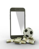 3D rendering of a mobile phone with soccer ball and stacks of Moldovan leu notes isolated on transparent background. png