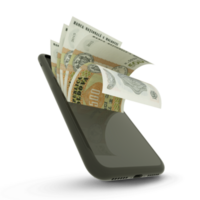 3D rendering of Moldovan leu notes inside a mobile phone. money coming out of mobile phone png