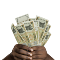 Black hands holding 3D rendered Moldovan leu notes. closeup of Hands holding Moldovan currency notes png