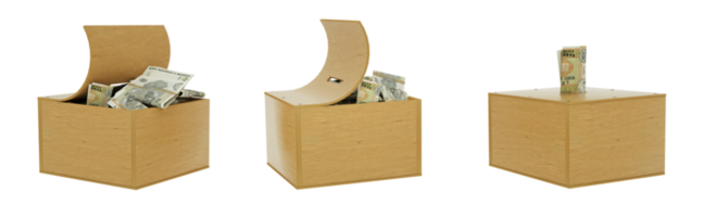 Moldovan leu notes inside an open wooden savings box. set of savings concept. Generic Piggy Bank, Penny Bank, Money Box. 3d rendering png