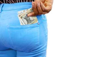 Black lady putting few Moldovan leu notes into her back pocket. Removing money from pocket, hold money png