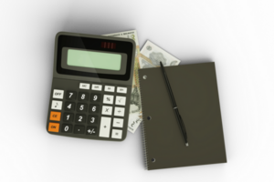 3D rendering of an isolated composition of Moldovan leu notes, a calculator, a note book and a pen png