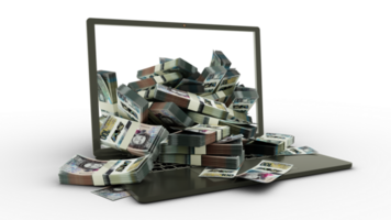 3D rendering of Eastern Caribbean dollar notes coming out of a Laptop monitor isolated on transparent background. stacks of dollar notes inside a laptop. money from computer, money from laptop png