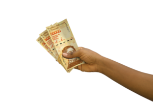 Fair hand holding 3D rendered Venezuelan bolivar notes isolated on transparent background png