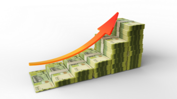 financiero crecimiento firmar hecho de pilas de yemenita rial notas 3d representación de yemenita dinero arreglado en el formar de un bar grafico aislado en transparente antecedentes png