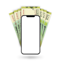 3d Illustration of Yemeni Rial notes behind mobile phone png