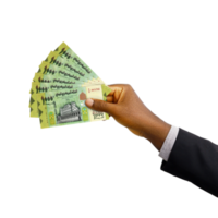 Black hand with suit holding Yemeni Rial notes isolated on transparent background, 3d rendering png