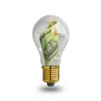 3d rendering of new Yemeni Rial note inside transparent light bulb isolated on transparent background, creative thinking. Making money by solving problem. idea concept png