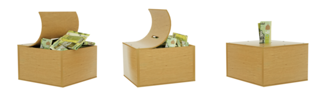 Yemeni rial notes inside an open wooden savings box. set of savings concept. Generic Piggy Bank, Penny Bank, Money Box. 3d rendering png