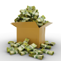 3d rendering of cardboard box full of Yemeni Rial notes isolated on a transparent background png