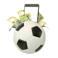 3d rendering of Yemeni Rial notes and phone behind soccer ball. Sports betting, soccer betting concept isolated on transparent background. mockup png