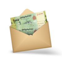 Yemeni Rial notes inside an open brown envelope. 3D illustration of money in an open envelope png