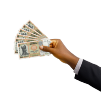 Black hand with suit holding 3D rendered Moldovan leu notes isolated on transparent background png