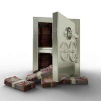 Bundles of Ghanaian cedi in Steel safe box. 3D rendering of stacks of money inside metallic vault isolated on transparent background, Financial protection concept, financial safety. png