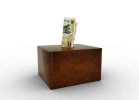 Moldovan leu notes inside wooden savings box. Generic savings Bank, Penny Bank, Money Box. 3d rendering png