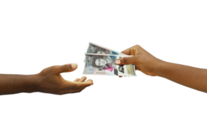 Hand giving 3D rendered  Eastern Caribbean Dollar notes to another hand. Hand receiving money png