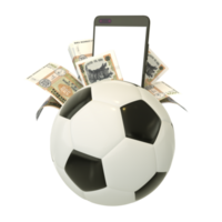 3d rendering of Moldovan leu notes and phone behind soccer ball. Sports betting, soccer betting concept isolated on transparent background. mockup png