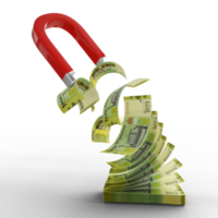 3D rendering of Horseshoe magnet attracting Yemeni Rial notes isolated on transparent background. Attracting money concept. Strategy for a successful business png
