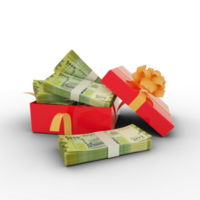 Stack of Yemeni Rial notes inside an open red gift box. Bundles of Yemeni Rial inside a gift box. 3d rendering of money inside box isolated on transparent background png