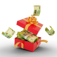 Yemeni Rial notes inside an open red gift box. Yemeni Rial inside and flying around a gift box. 3d rendering of money inside box isolated on transparent background png