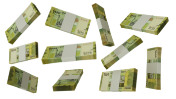 3D rendering of stacks of Yemeni Rial notes flying in different angles and orientations isolated on transparent background png