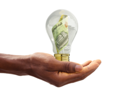 Black Hand holding 3d rendered Yemeni Rial note inside transparent light bulb, creative thinking. Making money by solving problem. Having idea concept png