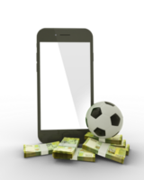 3d representación de un móvil teléfono con fútbol pelota y pilas de yemenita rial notas aislado en transparente antecedentes. png