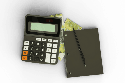 3D rendering of a composition of Jordanian Dinar notes, a calculator, a note book and a pen isolated on isolated background. Tax background design concept png