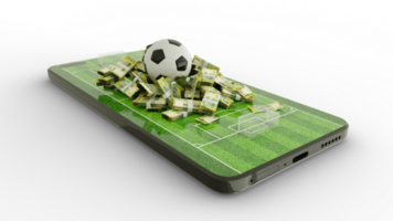 3d rendering of Mobile phone Soccer betting. Football and Yemeni Rial notes on phone screen. Soccer field on smartphone screen isolated on transparent background. bet and win concept png