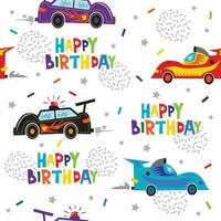 happy birthday text with colorful super cars for party invitation and any decoration vector