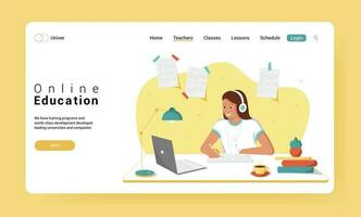 Online education concept for landing page. Girl study online at computer. Vector illustration for landing page and web templates.