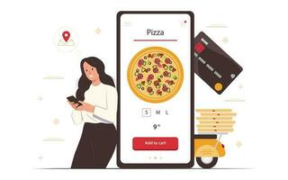 Food online order smartphone. Pizza delivery.Girl ordering pizza online and paying with card. Food delivery concept for banner, website design or landing web page. vector