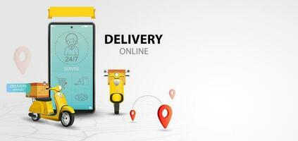 Online delivery service by scooter. Shopping website on a mobile. Food order concept. Web Banner, app template. Vector illustration