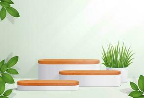 Abstract minimal scene with geometric platforms. Wood  podium in white background for cosmetic product presentation. 3d geometric pedestal vector. vector