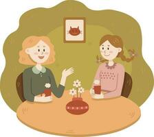 Two girls drinking tea vector