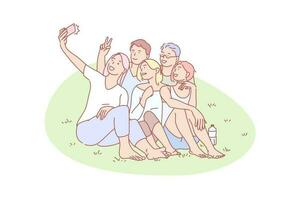 Selfie, friend, gathering, joy, rest, concept vector