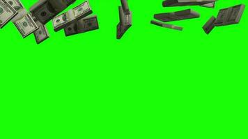 3d hundred dollar money stack falling animation on green screen background, 3d animated money bundle chroma key video