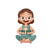 A cute little girl sits in a lotus position with a gift in her hands. Cartoon style. Vector illustration.