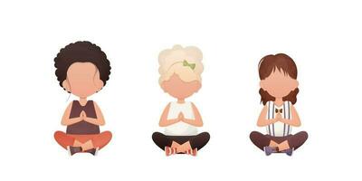 pequeño muchachas se sienta en el loto posición. para niños meditación. vector. conjunto aislado en un blanco antecedentes. vector