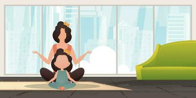 Mom and daughter meditate together in the lotus position. Design in cartoon style. Vector illustration.