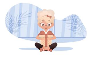 Little Girl sits in a lotus position with a gift in her hands. Vector illustration.